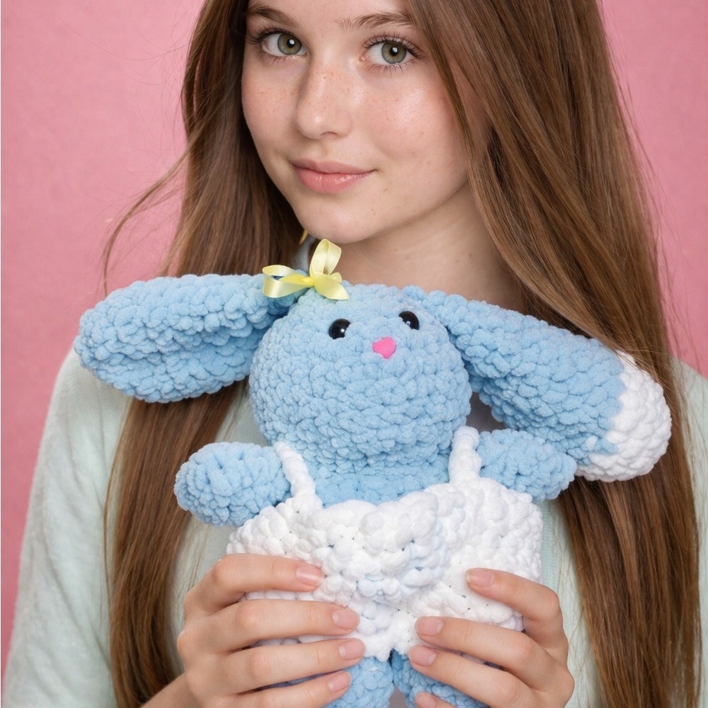 Handmade Blue Crochet Bunny Plush 🐰 Soft Chenille Easter Bunny w/ Overalls